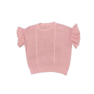 Pink Knit Top Womens Short Sleeve Ruffle Cable Knit Round Neck